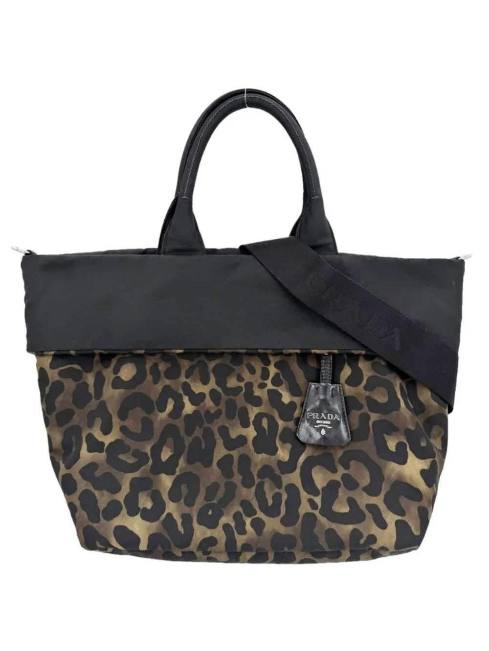 Prada 2-Way Leopard Print Hand Shoulder Crossbody Tote Bag Nylon Black Khaki